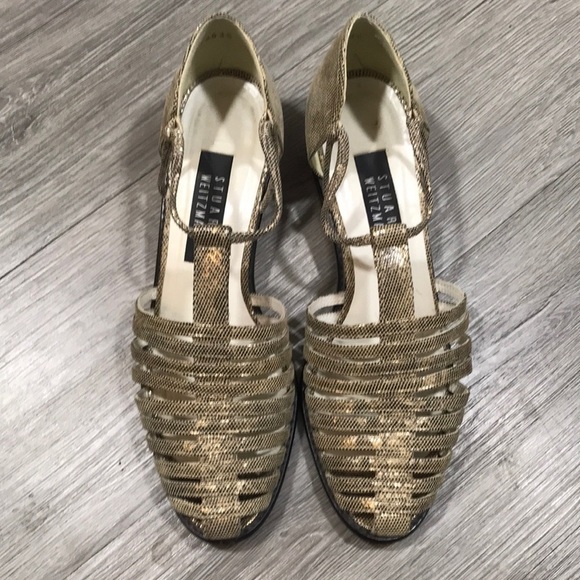 Stuart Weitzman Gold Covered Toe Blue closet Heel Sandals size 9 - Picture 1 of 8